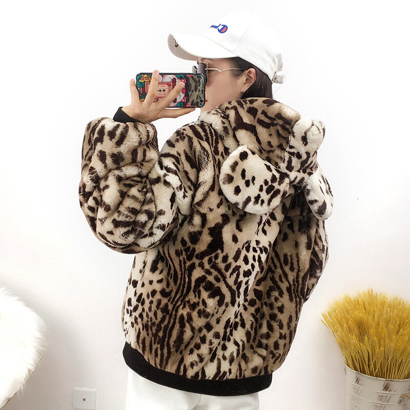 MENINA BONITA 2022 Natural Fur Jacket Cute Cartoon Mouse Maickey Winter Women Coat Leopard Real Rex Rabbit Fur Hooded Outerwear