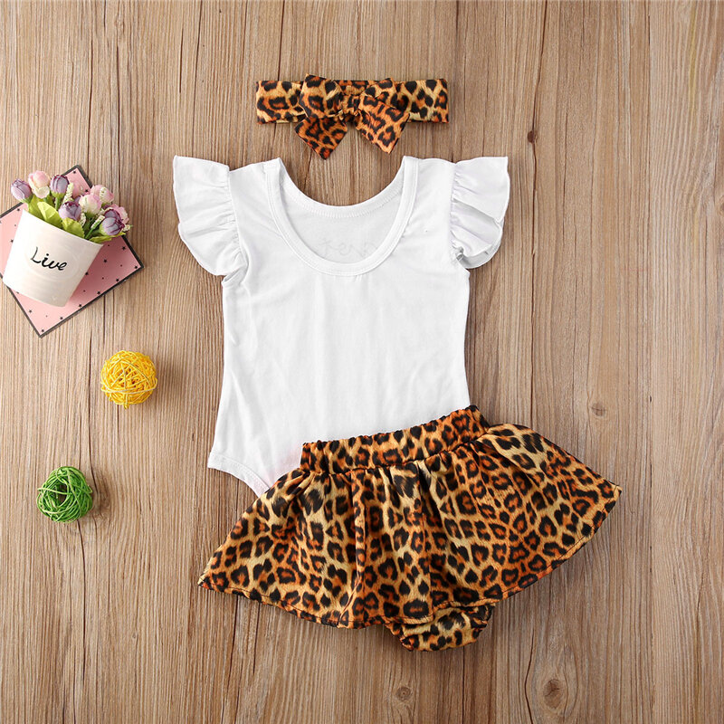 3pcs 최신 여름 유아 유아 아기 소녀 면화 캐주얼 의상 세트 편지 Bodysuit + 레오파드 반바지 + 머리띠 귀여운 아기 옷