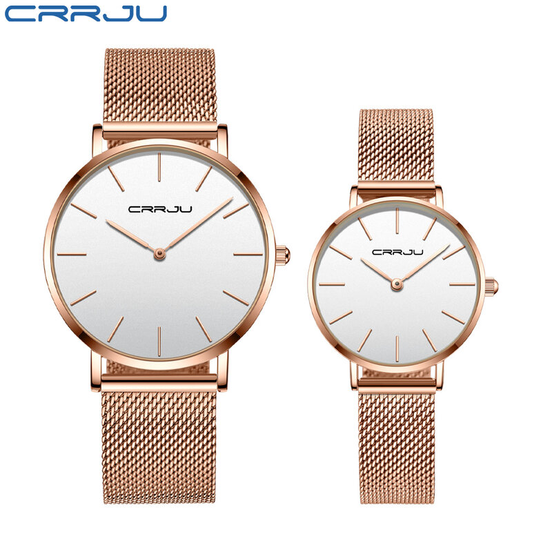 Crrju Mode Paar Horloge Japan Beweging Eenvoudige Waterdicht Rose Goud Rvs Mesh Vrouwen Horloge Quartz Horloge Mannen Relogio