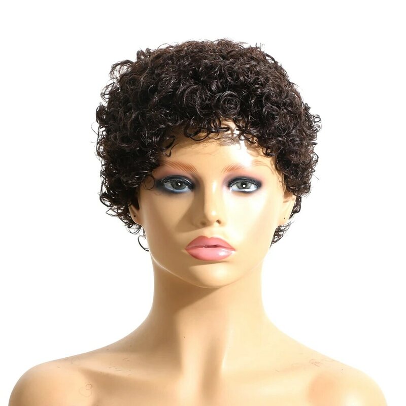 100% Human Hair Korte Jerry Krullend Pruik Afro Krullend Piexie Cut Volledige Machine Pruik Voor Vrouwen Afro-amerikanen Natuurlijke Zwart