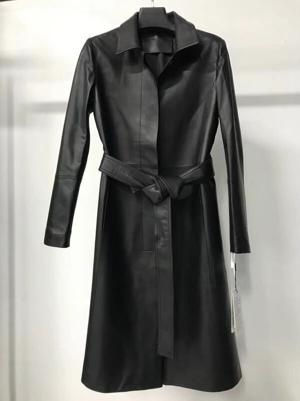 Abrigo con cordones de cuero genuino para mujer, chaqueta de piel de oveja, gabardina larga, talla grande, tops