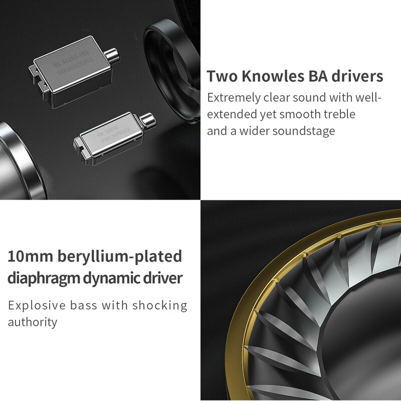 FiiO FH3 2BA+1DD Knowles Beryllium-plated Dynamic Hybrid Driver In-ear Earphone IEM S.TURBO Acoustic Design Alloy Shell MMCX
