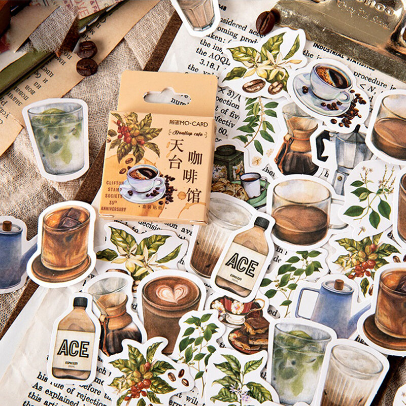 Momo-Caja vintage de café para techo, pegatina de papel para decoración, etiqueta de papel para manualidades, papelería kawaii, 46 unids/caja