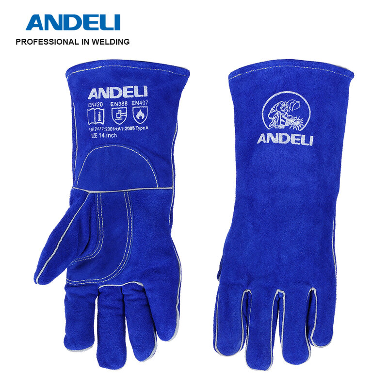 Andeli-溶接作業用手袋,耐熱性,バーベキュー,動物の取り扱い,青い色