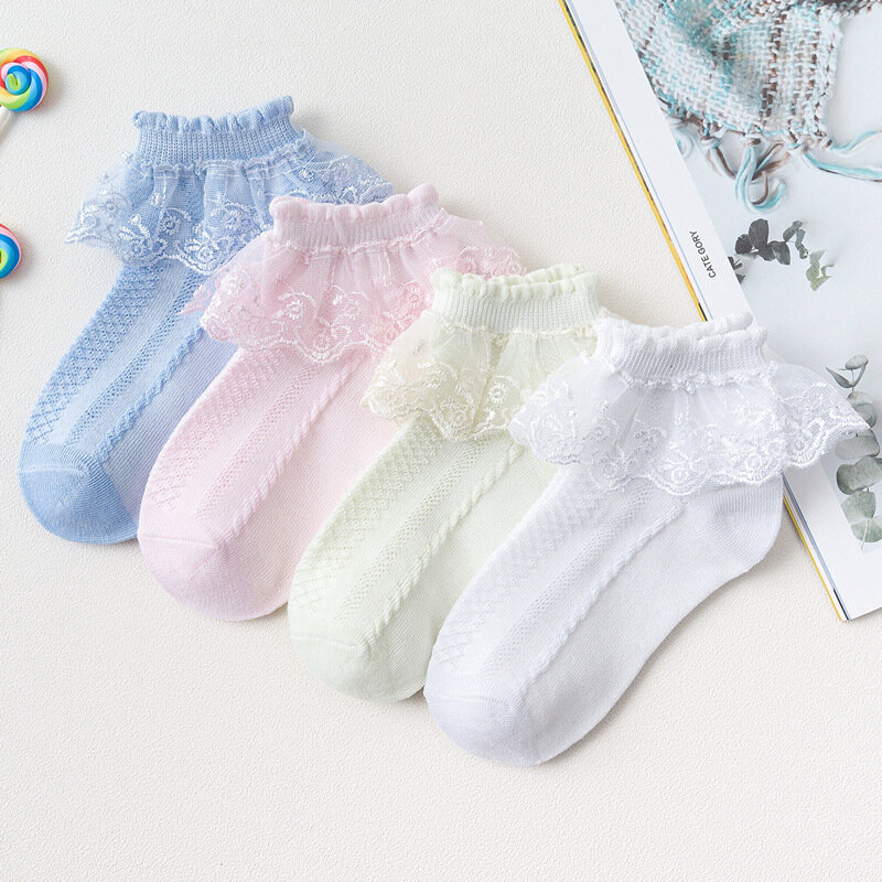 Baby Girls' Ruffle Lace Socks, meias de algodão, branco, rosa, babados, criança, crianças, moda verão, bonito