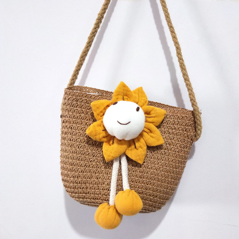 Letnia torebka ze słomy słonecznikowej mała dziecięca urocza wiadro pleciona torba Mini torebka na monety torby kurierskie typu Crossbody