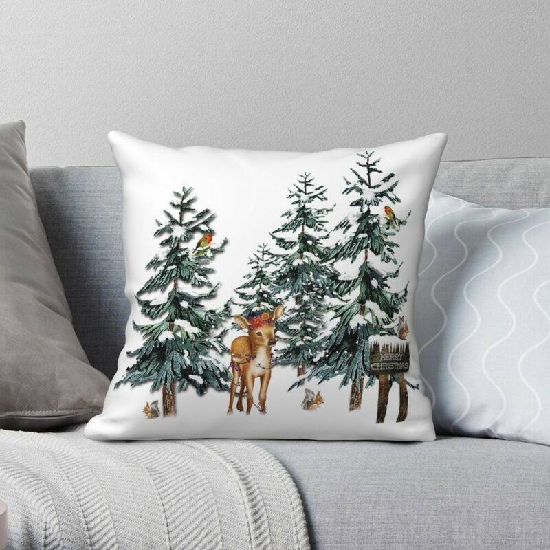 Christmas Winter Forest Deer Pillowcase Polyester Linen Velvet Creative Zip Decor Pillow Case Sofa Cushion Cover Wholesale 18"