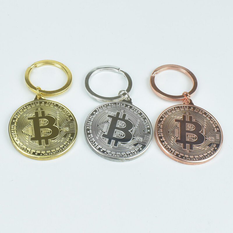 Pure Gold Silver Plated Bitcoin พวงกุญแจ Bit เหรียญเหรียญ Key Chain สะสมทางกายภาพเหรียญโลหะ