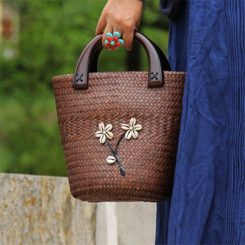 حقيبة يد روطان من القش الأصلي من تايلاند ، 26 × 20 سنتيمتر ، حقيبة يد ريترو بمقبض خشبي للنساء ، a6115