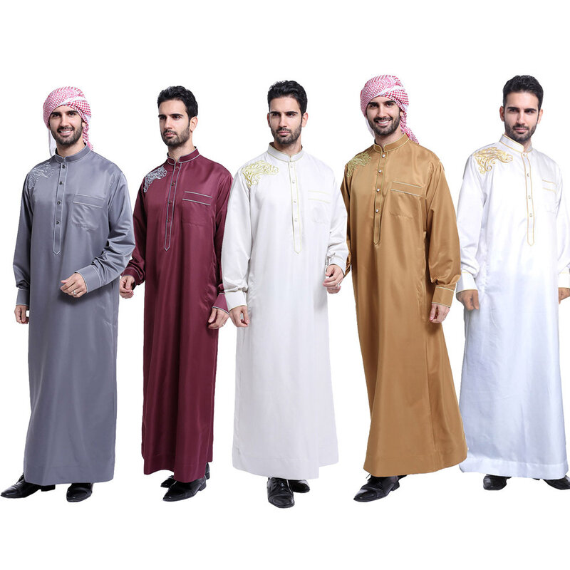 Nieuwe Moslim Marokkaanse Lange Mouwen Islamitische Mannen Borduren Effen Kleur Gewaad Arabische Kaftan Saudi Dubai Kleding Mannen Aanbidding Abaya