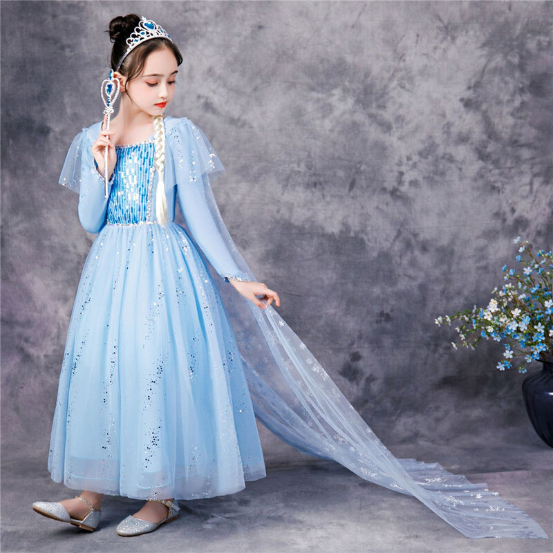Balita Elsa Dress Kepingan Salju Peri Musim Gugur Musim Dingin Wanita Biru Flutter Lengan Natal Snow Queen Kostum Halloween