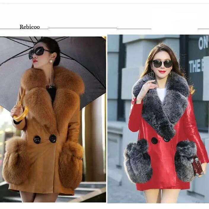 女性の新毛皮のコートと毛皮の長さのコートジャケットプラスベルベットビッグキツネの毛皮の襟革ウインドブレーカー