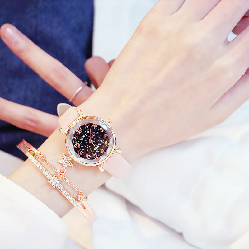Mulheres pulseira relógio casual senhoras romântico céu estrelado relógio de pulso de couro vestido feminino relógio de pulso de quartzo relogio feminino