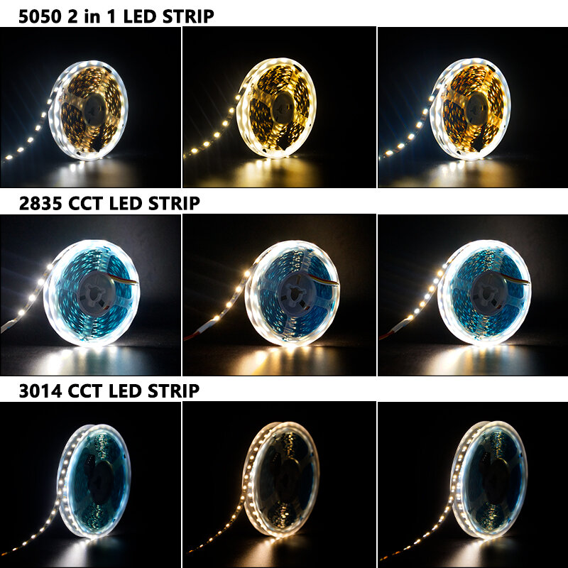 Tira de luces LED CCT de doble Color, cinta de luz Flexible con temperatura ajustable, 60LED/M, 120LED/M, 180LED/M, IP20/IP65, 5M, 5050, 2835