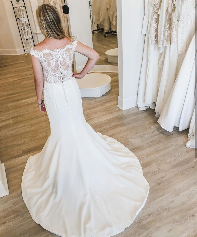Elegante Hochzeit Kleid Oansatz Cap Sleeve Spitze Appliques Pailletten Taste Satin Sweep Zug Zivil Braut Kleid 2021 Vestidos De Noiva