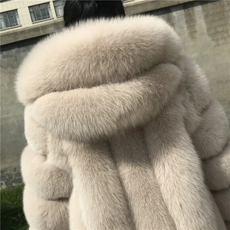 Jxwatcher-Casaco com capuz de pele raposa real para mulheres, mangas completas de luxo, outerwear feminino quente, alta qualidade, moda, inverno