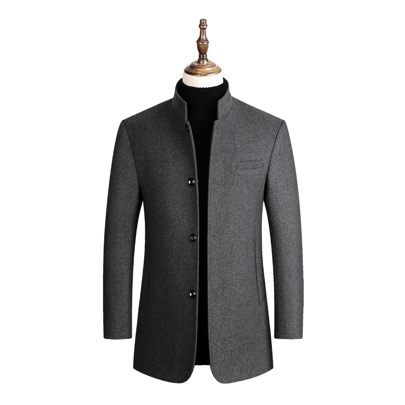 Men's wool blend mid-length coat in autumn and winter new solid color high-quality Stand collar flocking men's jacket