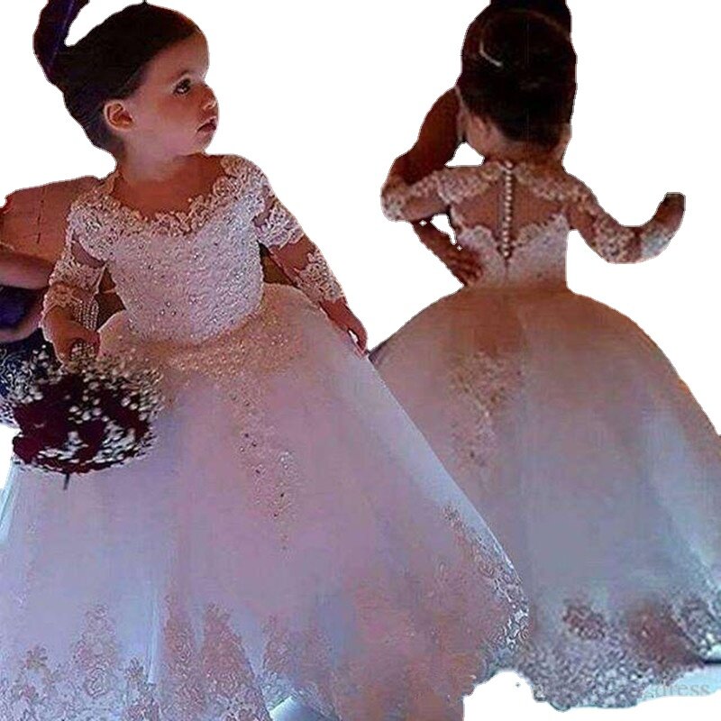 결혼식을위한 흰 꽃의 소녀 드레스 Tulle Princess Lace Half Sleeve 거룩한 첫 성찬식 가운 Party Pageant Clothes for Kids
