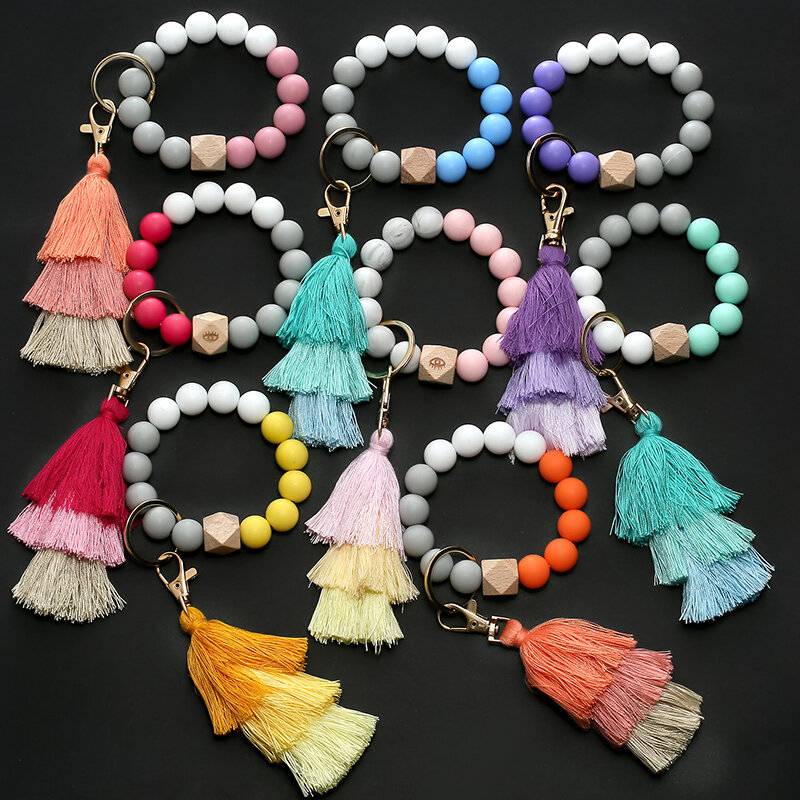 Portachiavi perline in Silicone colorato per donna accessori per gioielli portachiavi portachiavi braccialetto nappa multistrato