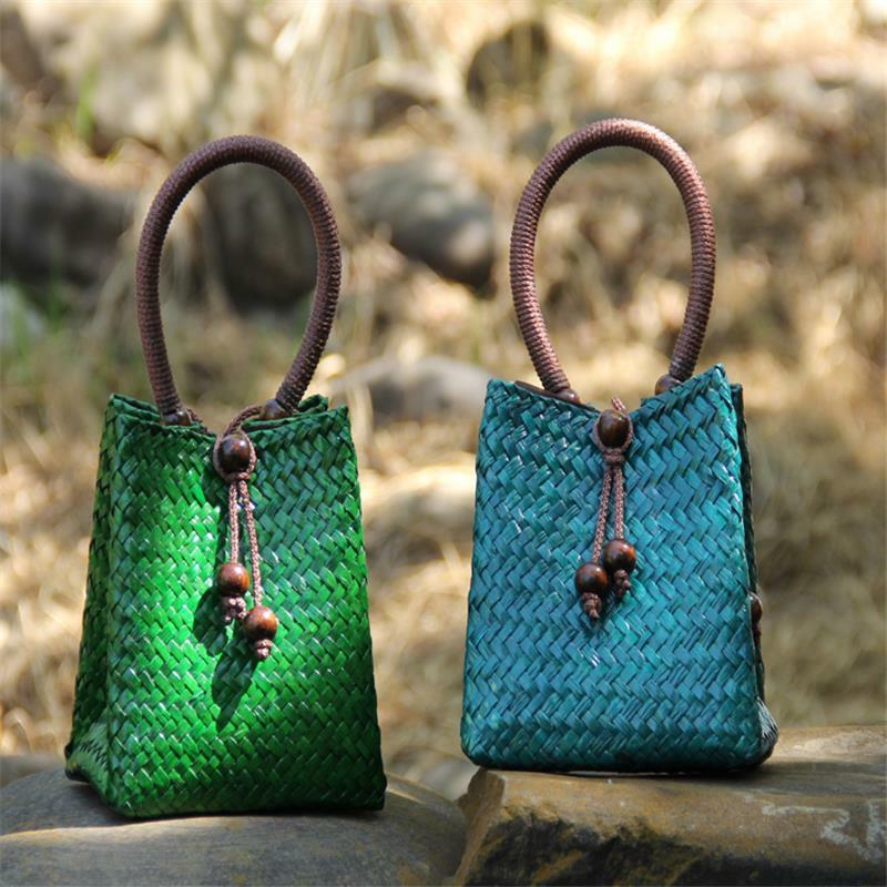 12x15CM Straw Bag Handbag Women Woven Vacation Bag Rattan Bag Pouch Bag Retro Bucket Thailand a6102