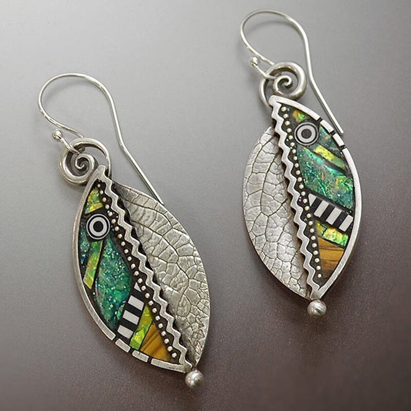 Vintage Silver สีโลหะสีเขียว Leaf Dangle ต่างหูสำหรับผู้หญิง Bohemian Tribal บทคัดย่อที่มีสีสันหินต่างหู Dangle