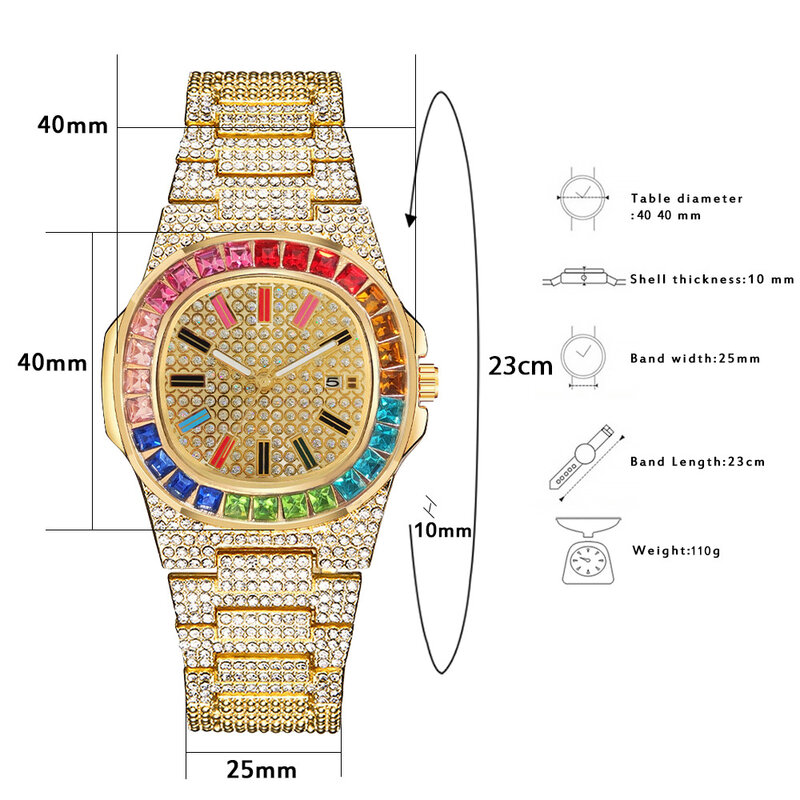 2pcs Cuban Bracelet + Iced Out Watch for Women Men Quartz Wrist Watches Fashion Luxury Bling Gold Diamond Couple Watch Set Clock