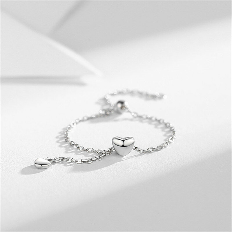 925เงินสเตอร์ลิง Tassle Chain Heart Charm แหวนนิ้วมือสำหรับผู้หญิงงานแต่งงานเครื่องประดับ