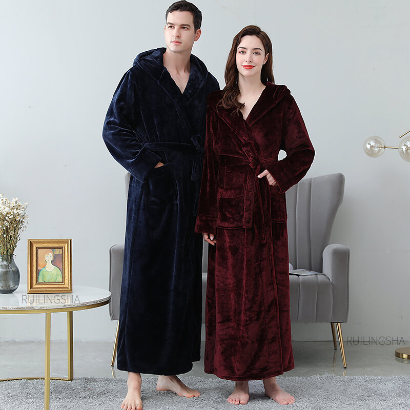 Men Winter Super Long Warm Flannel Bathrobe Plus Size Hooded Ankle Length Coral Fleece Bath Robes Women Thick Cozy Dressing Gown