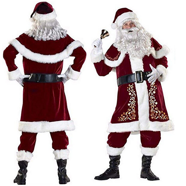 Erwachsene Weihnachten Kostüm 9Pcs Samt Deluxe Santa Claus Vater Cosplay Anzug Phantasie Kleid Full Set Cosplay Weihnachten Sets