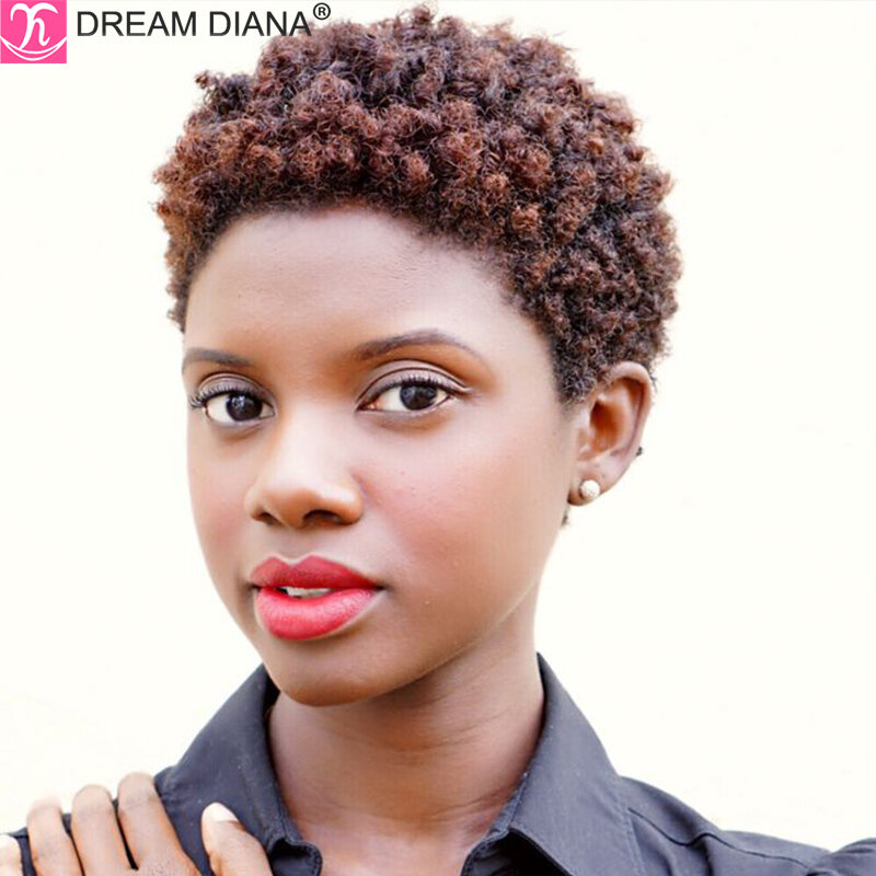 DreamDiana-pelucas de cabello humano rizado Afro brasileño, pelo corto marrón 99J Remy, corte Pixie, hecho a máquina