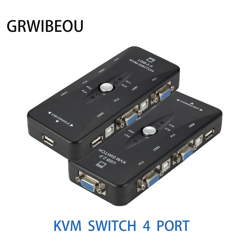 USB 2.0 KVM Switch Box para Mouse, Impressora de Teclado, Switcher Share, 200MHz, 1920x1440, Monitor VGA, Adaptador de Caixa, 4 Portas