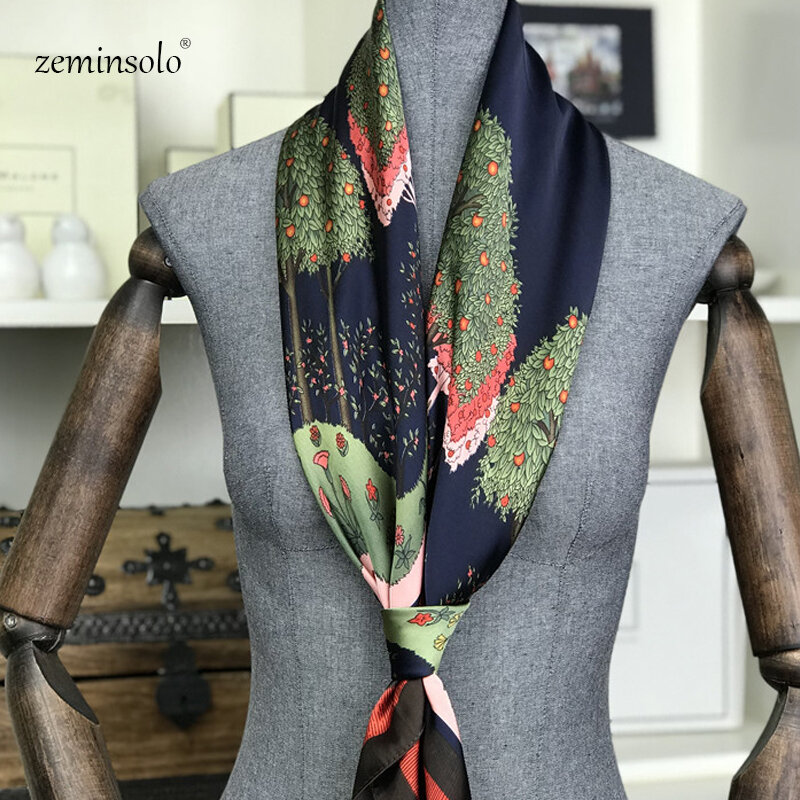 Bufanda de seda para mujer, pañuelo de marca de lujo, elegante, a la moda, con estampado de 90x90 cm, 100%