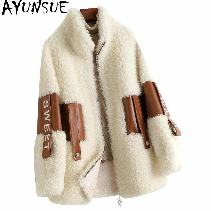 AYUNSUE ฤดูใบไม้ร่วงสั้น100% Real Sheep Shearling Coat ผู้หญิงฤดูหนาว2021เสื้อลำลองลำลองเสื้อผ้าผู้หญิง Casaco Feminino Gxy367