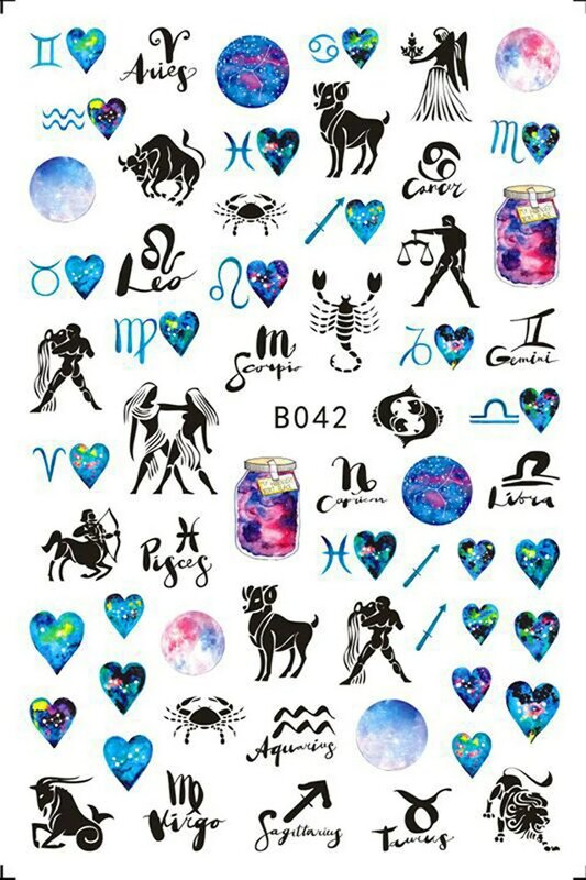 Autocollants en forme de signes du zodiaque pour les ongles, 1 pièce, stickers, dessins mignons, dessins animés, bouts ronds, décorations, auto-adhésif, 12 constellations, décalcomanies
