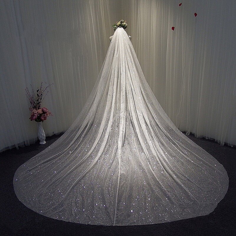 Lindo bling bling pulverização 3.5 metros longo véu de casamento 1t capela véu com pente acessórios do casamento velos de novia largos