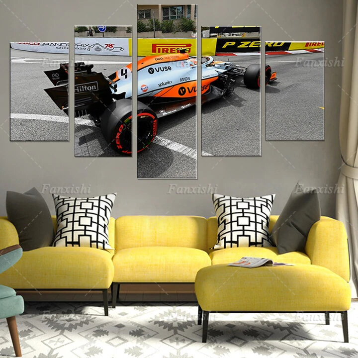 F1 Racing Track Car Mclaren MCL35M Gulf Lando Norris 5-Pieces-Poster Wall Art Canvas Painting Hd Print Modular Picture Man Gift