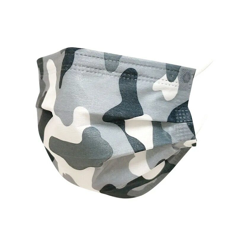 50Pcs Adult Disposable Mouth Masks Cute Print Camouflage 3-Layer Non-Woven Breathable Dust Masque Navy Blue Camouflage Gray Mask
