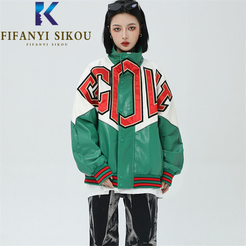 Streetwear Women Leather Jacket Letter Embroidery Fashion Spliced Hip Hop PU Jacket Zipper Loose Biker Coat Female 2021 New
