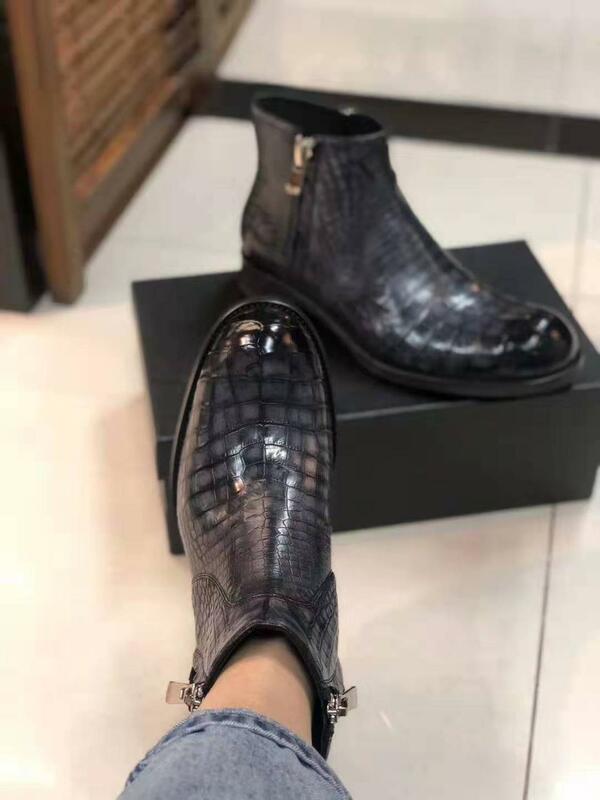 Qualidade superior genuíno real crocodilo barriga pele shinny preto cinza cores zíper de couro dos homens botas de inverno sapatos pele vaca linining