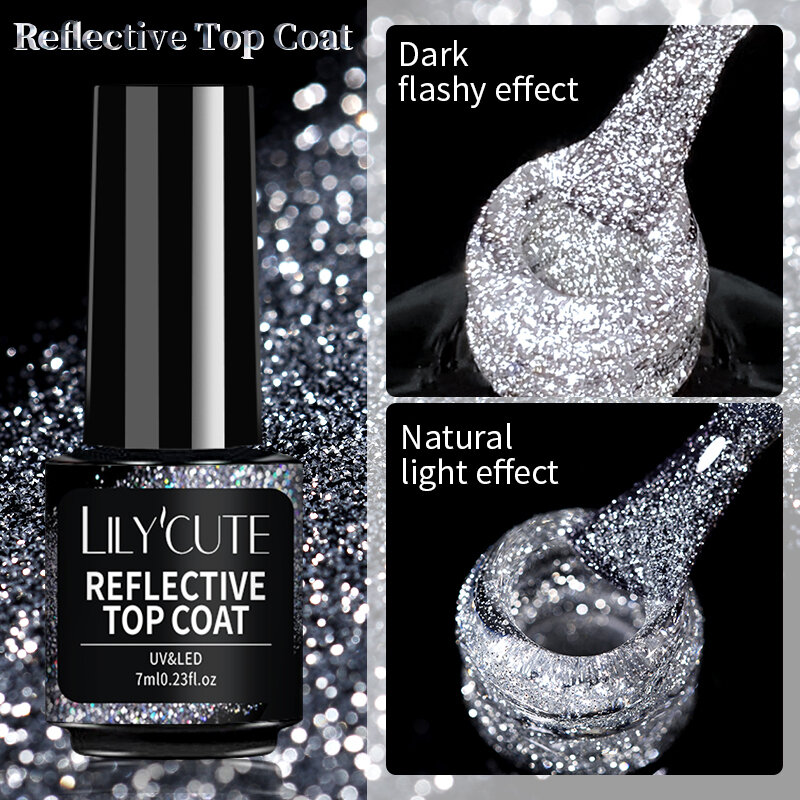 LILYCUTE Reflective Glitter Top Coat Gel Nail Polish Silver Colorful Sparkling Auroras Laser Semi permanent Nail Art Gel Varnish