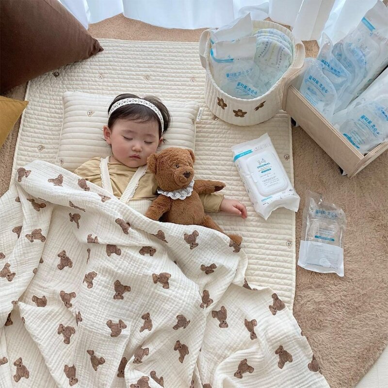 Selimut Muslin Bayi Lapisan 2/3 Selimut Penutup Kereta Dorong Bayi Baru Lahir Gambar Beruang Baru untuk Seprai Anak Balita