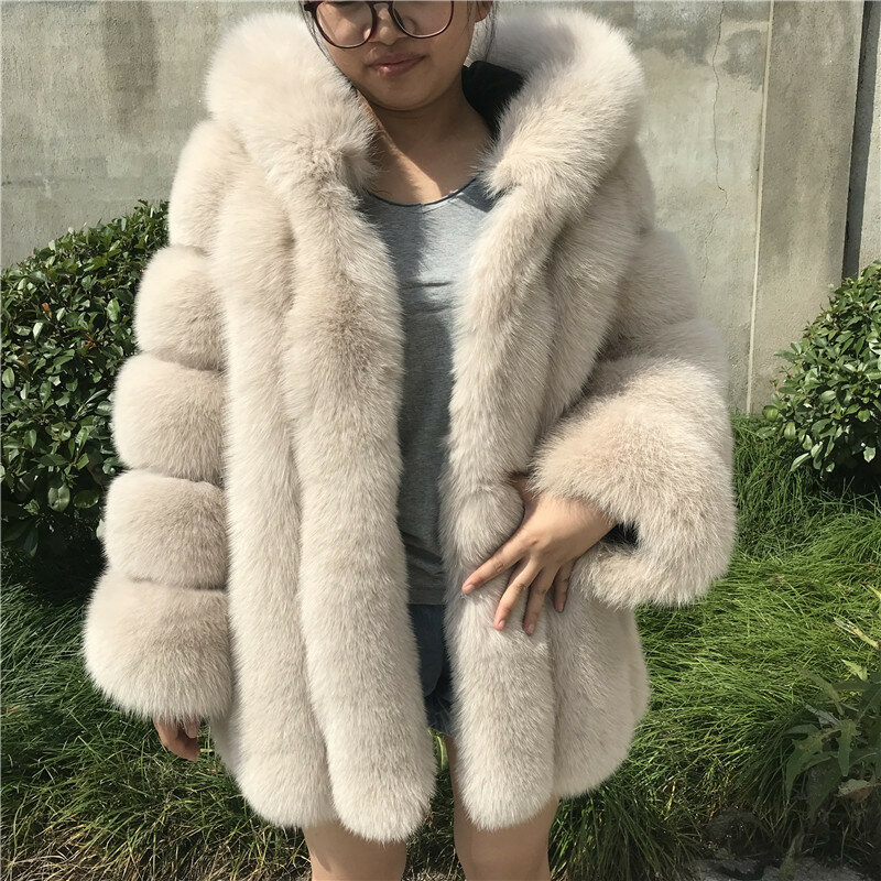 Jxwatcher vera pelliccia cappotto donna inverno con cappuccio cappotti di pelliccia di volpe moda signore di alta qualità di lusso maniche lunghe capispalla caldo femminile