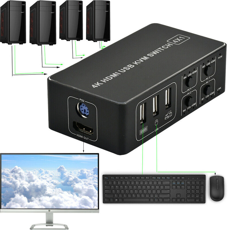 USB de aleación de aluminio para compartir ordenador para escáner, 4K, 4 puertos, estable, Ultra HD, Plug And Play, para ratón, teclado, Hub, conmutador KVM