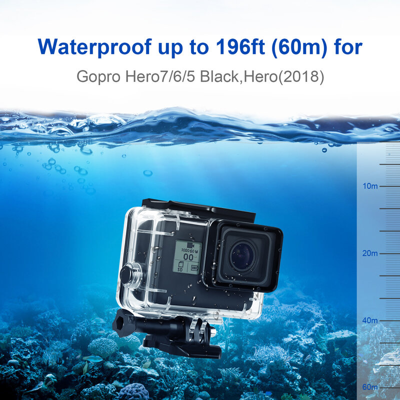 Caso Habitação Impermeável GoPro-Hero, Condução Subaquática, Capa de Proteção do Mergulho, Câmera de Ação, 5, 6, 7, Preto