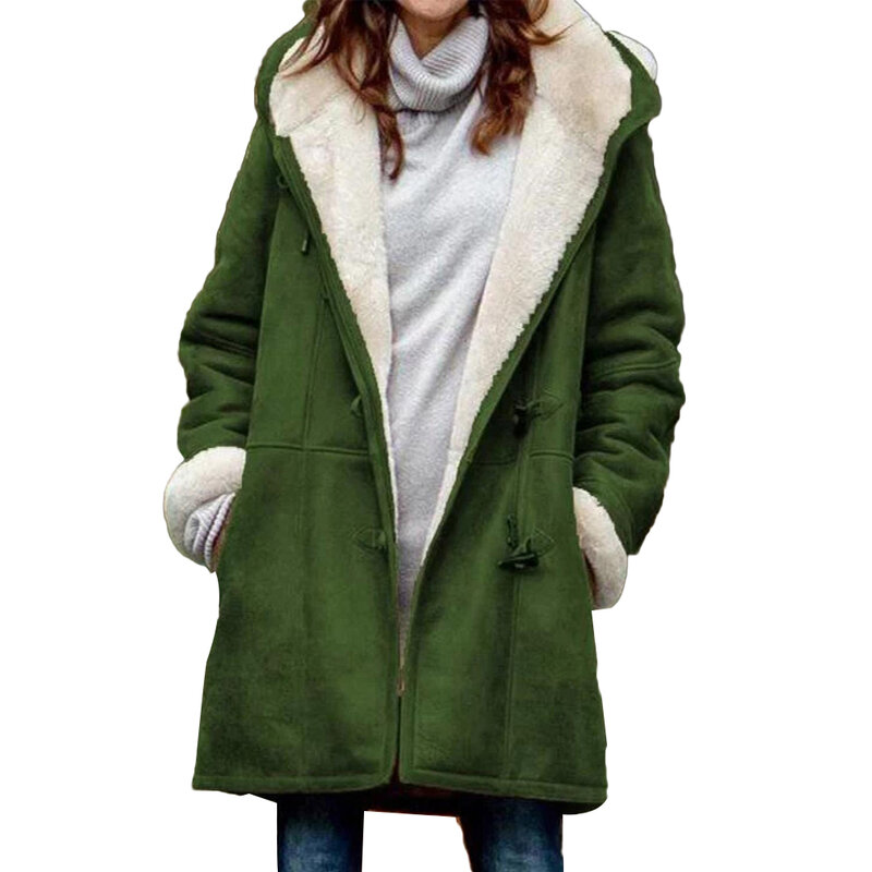 Casual Women Winter Solid Color Horn Buckles Fleece Lining Long Warm Hooded Coat