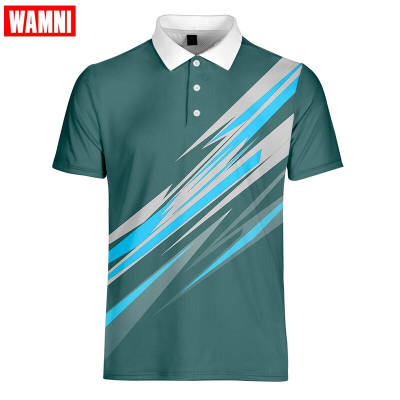 WAMNI 3D koszulka do gry w tenisa na co dzień sportowa linia w paski szybkoschnący skręcić w dół kołnierz męski Badminton Streetwear-Shirt