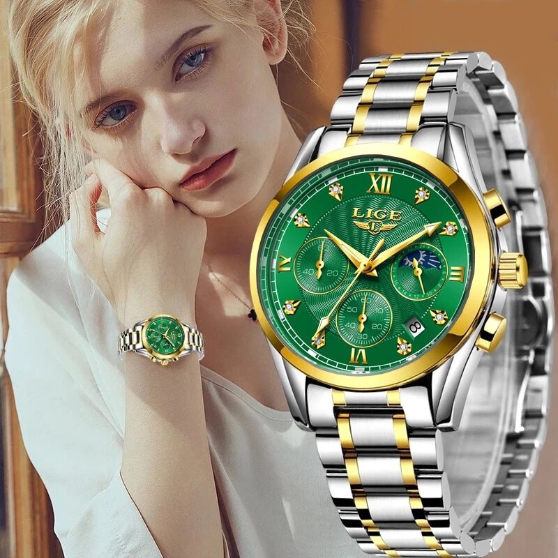 LIGE-신제품 여성 골드 시계, 비즈니스 쿼츠 시계, 숙녀 최고 브랜드 럭셔리 여성 손목 시계, 소녀 시계, 여성 시계, 2020 + 박스
