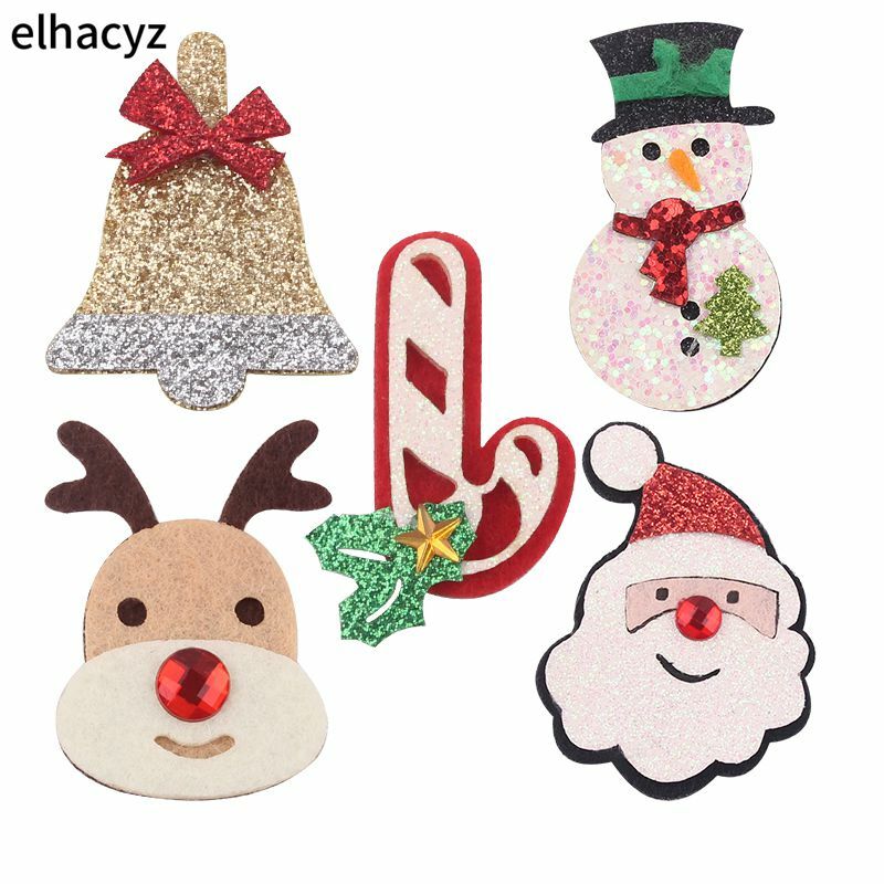 10Pcs/Lot Glitter Christmas Cartoon Snowman Reindeer Tree Jingling Bell Stocking Xmas Party Decoration Kids DIY Hair Accessories