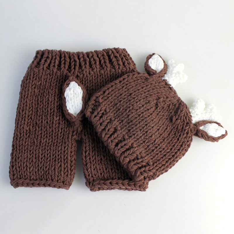 ทารกแรกเกิดเทศกาลการถ่ายภาพ Props กวาง Elk ออกแบบเด็กทารกถักชุดหมวกกางเกง 2pcs ชุดเด็กอุปกรณ์เสริม