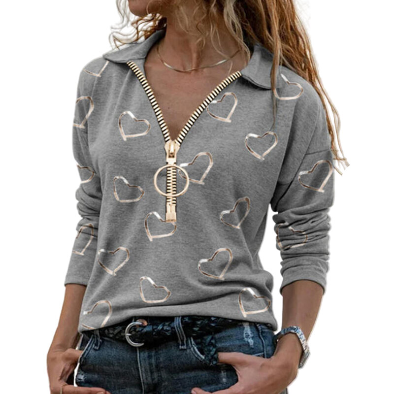 Blusa informal de algodón con estampado de corazón para mujer, camisa de manga larga con cremallera y cuello en V, 2021